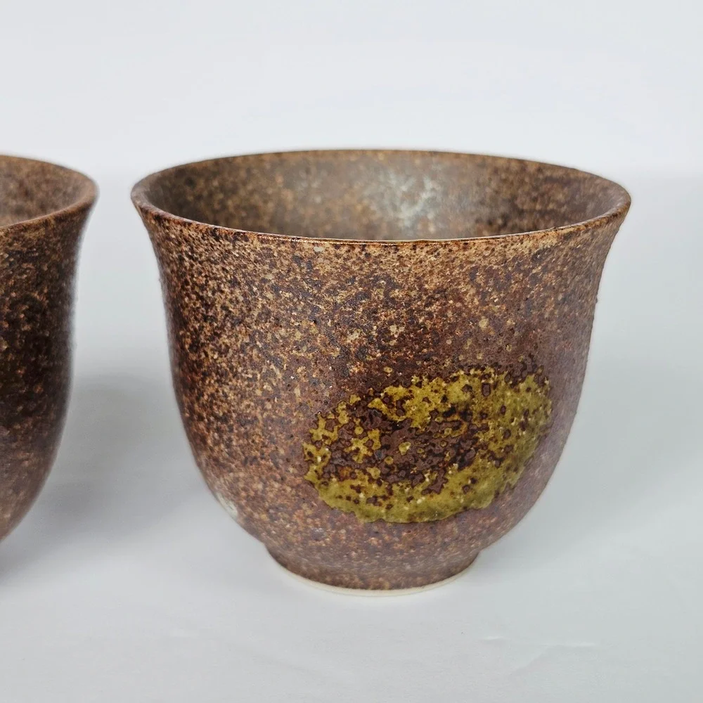 Vtg Japanese Style Tea Cup Set 5 Brown Speckled Pottery Wabi Sabi Rustic Earthy‎